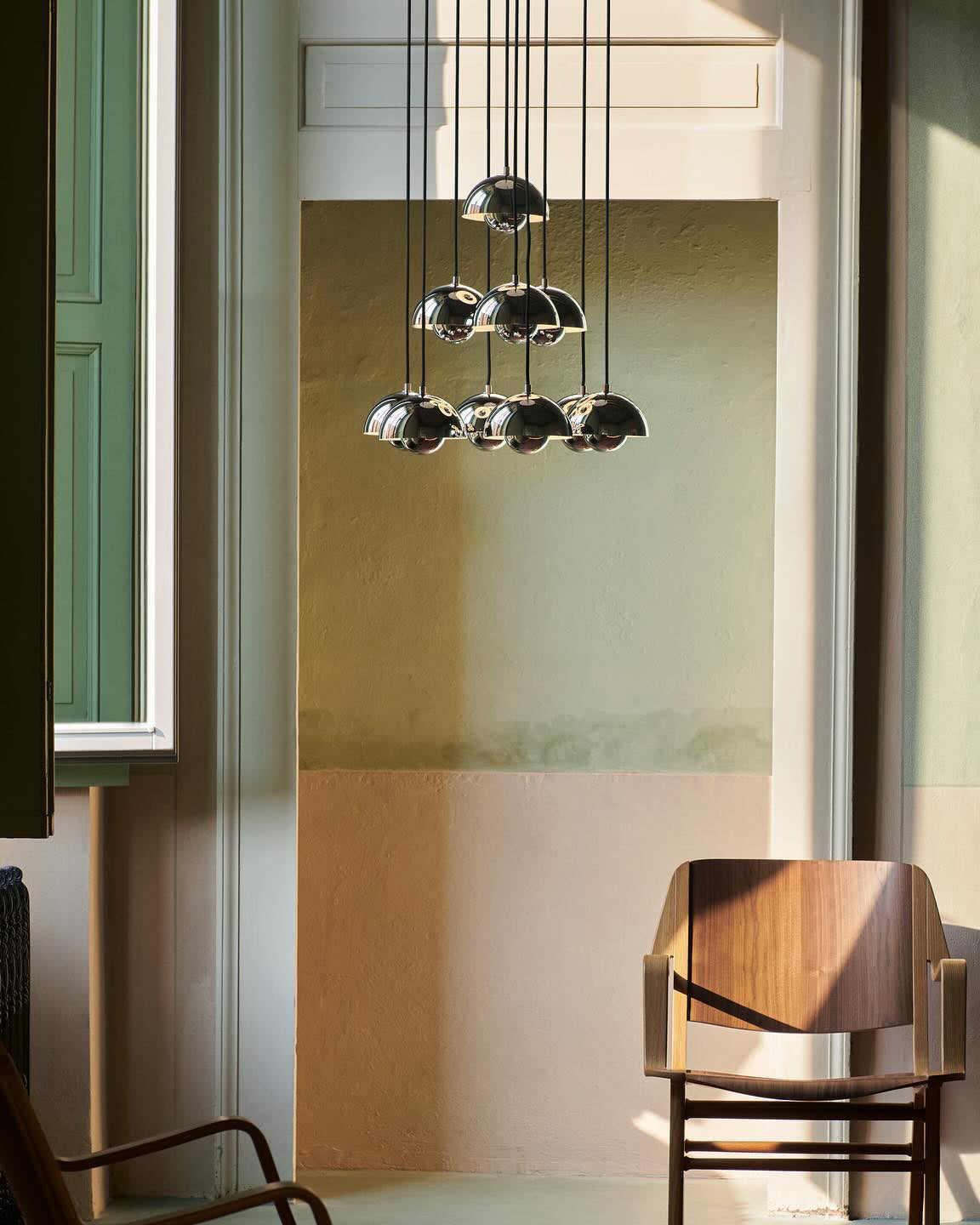 Duo Dome Ten-Light Chandelier, warm glow when lit