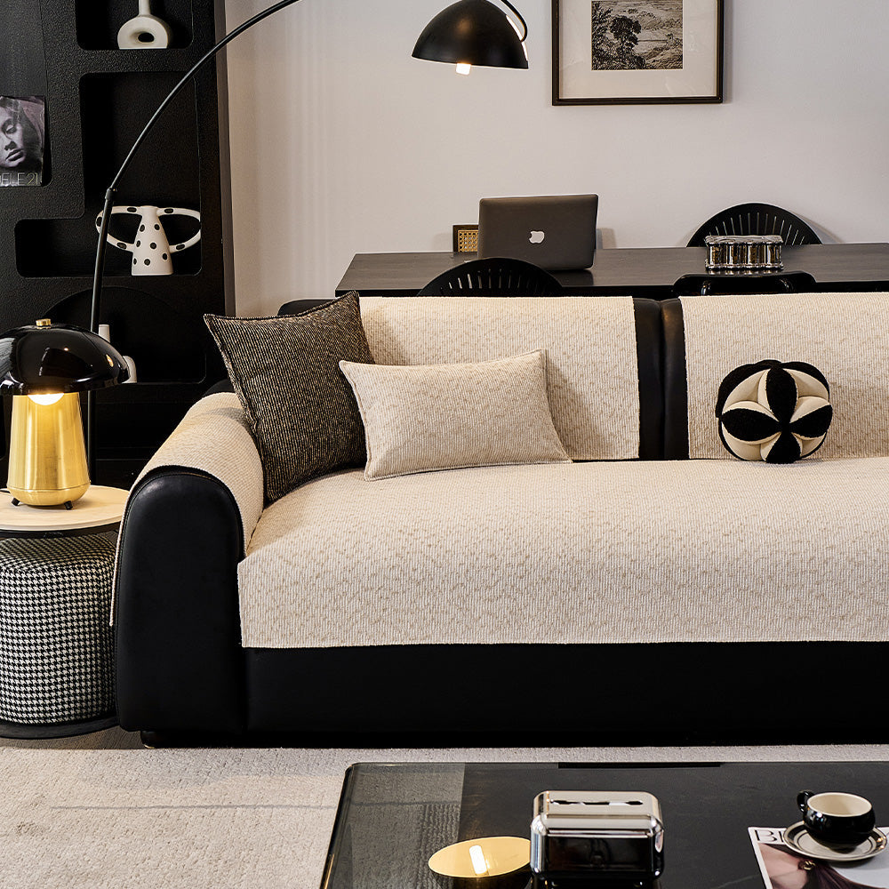 Elevated Texture Chenille Non-Slip Sofa Cover, draped and styled view
