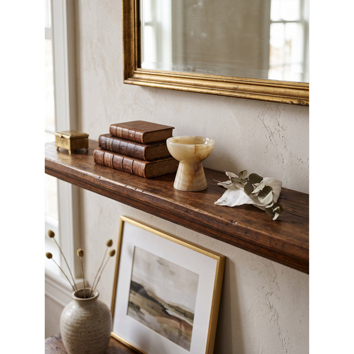 Elysian Onyx Goblet Votive, styled on a console