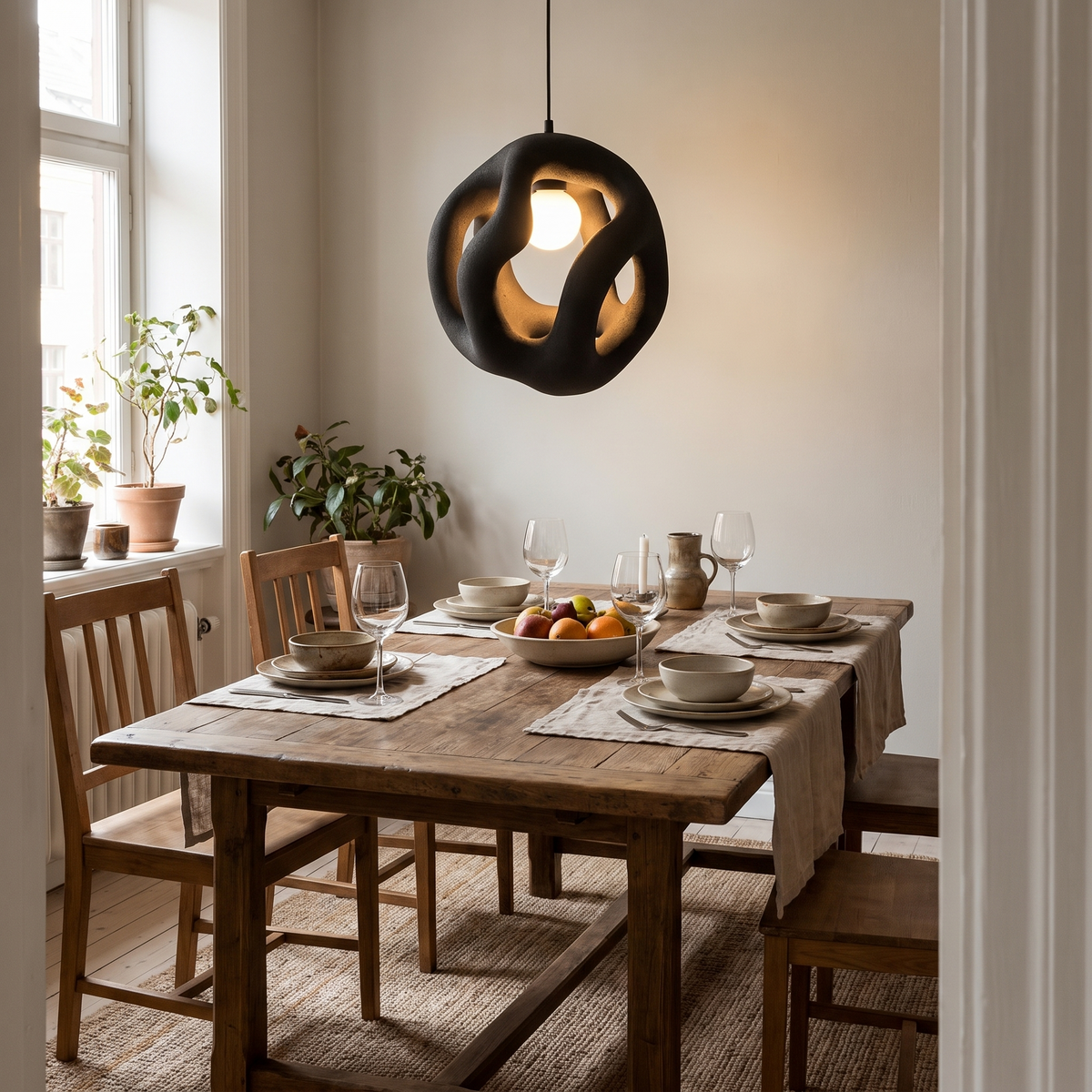 Entwine Metal Pendant Light, lit and hanging in a styled room