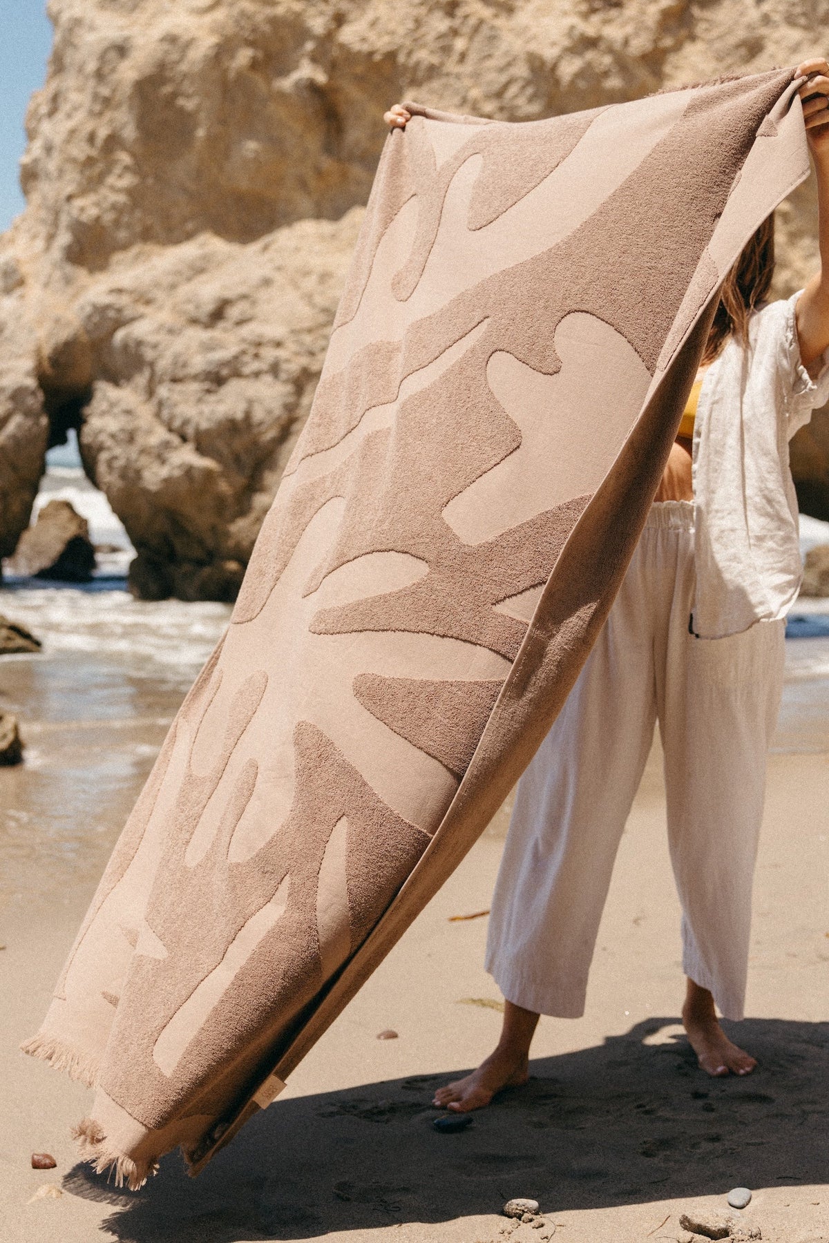 Espresso Woven Beach Towel, full flat lay view