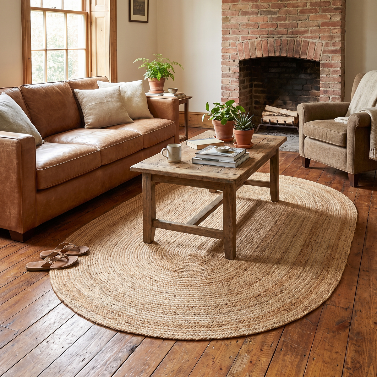 Eternal Oval Jute Rug, Natural, styled in a room setting