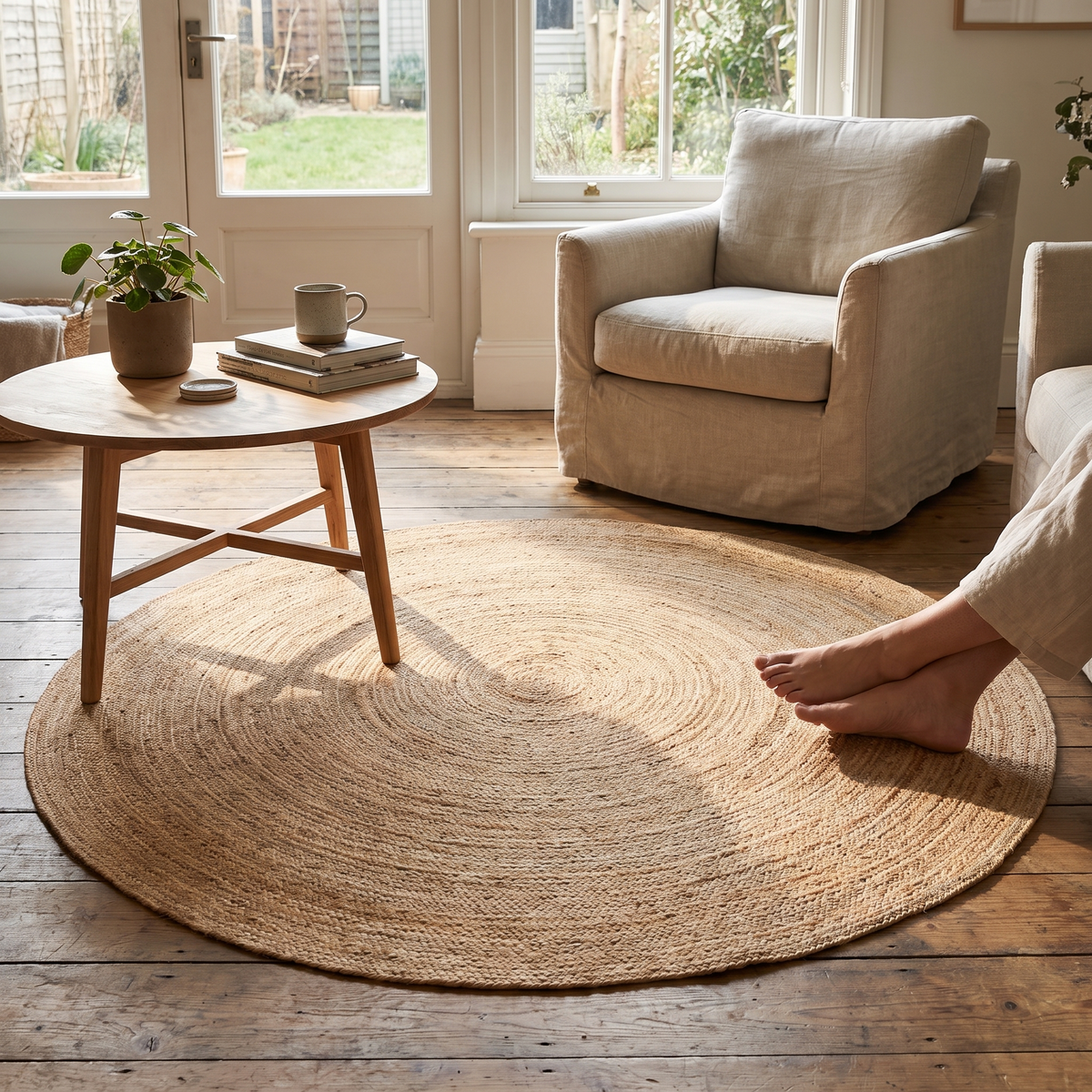 Eternal Round Jute Rug, Natural, styled in a room setting