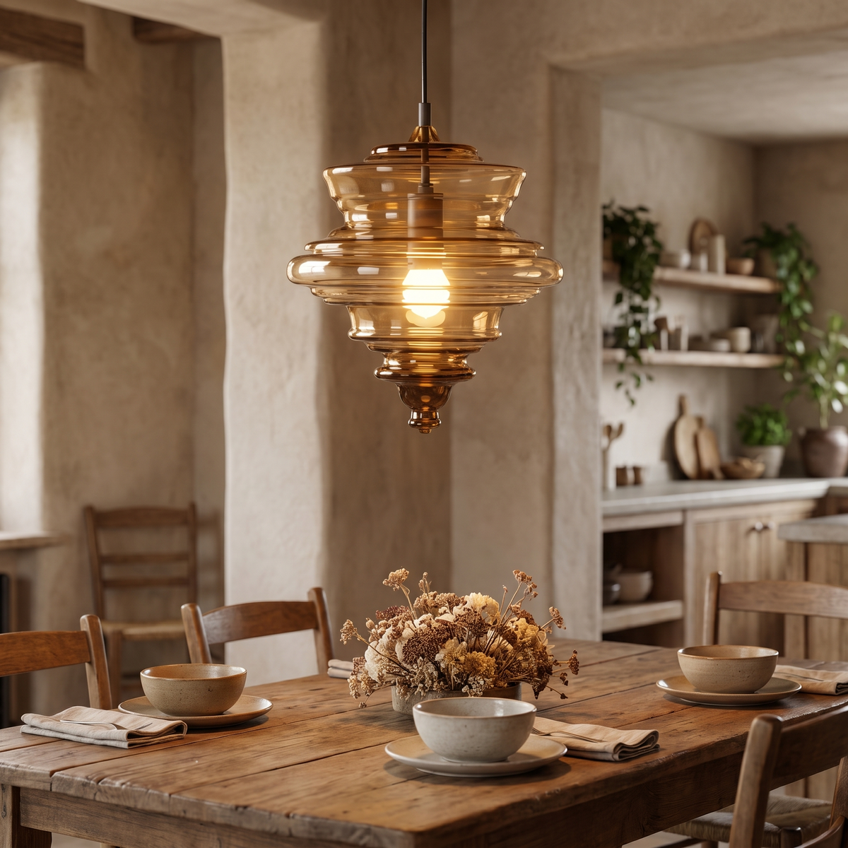 Fadl Metal Pendant Light, lit and hanging in a styled room