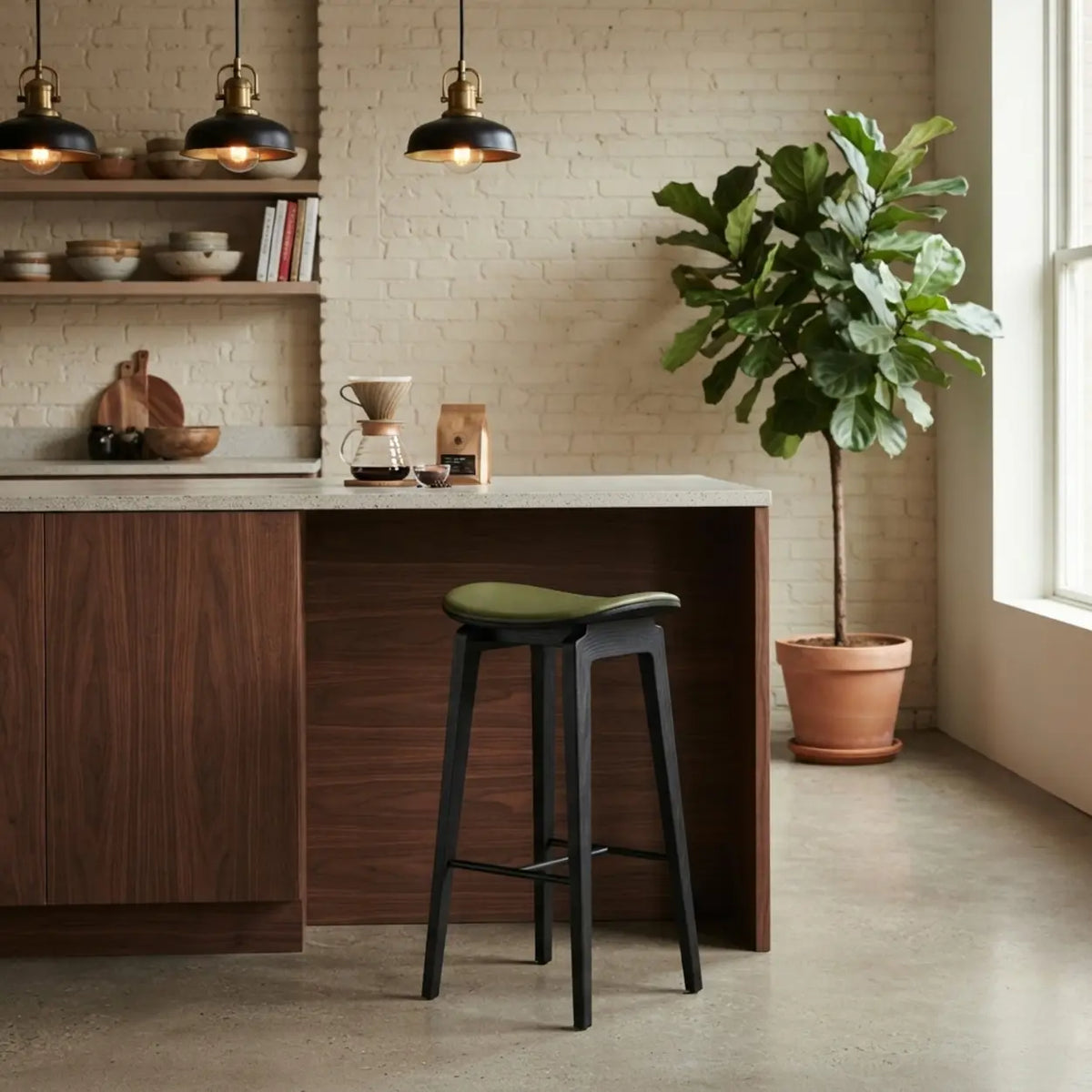Faux Leather Counter Stool with Footrest and Wood Frame