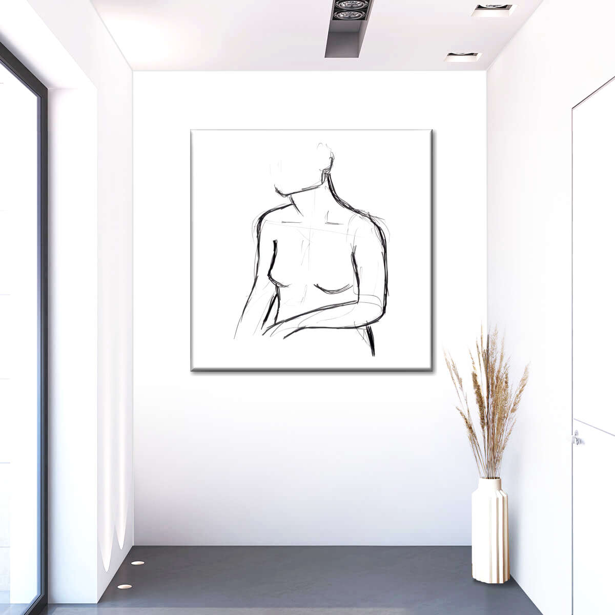 Female Torso Sketch Wall Art, styled in a hallway