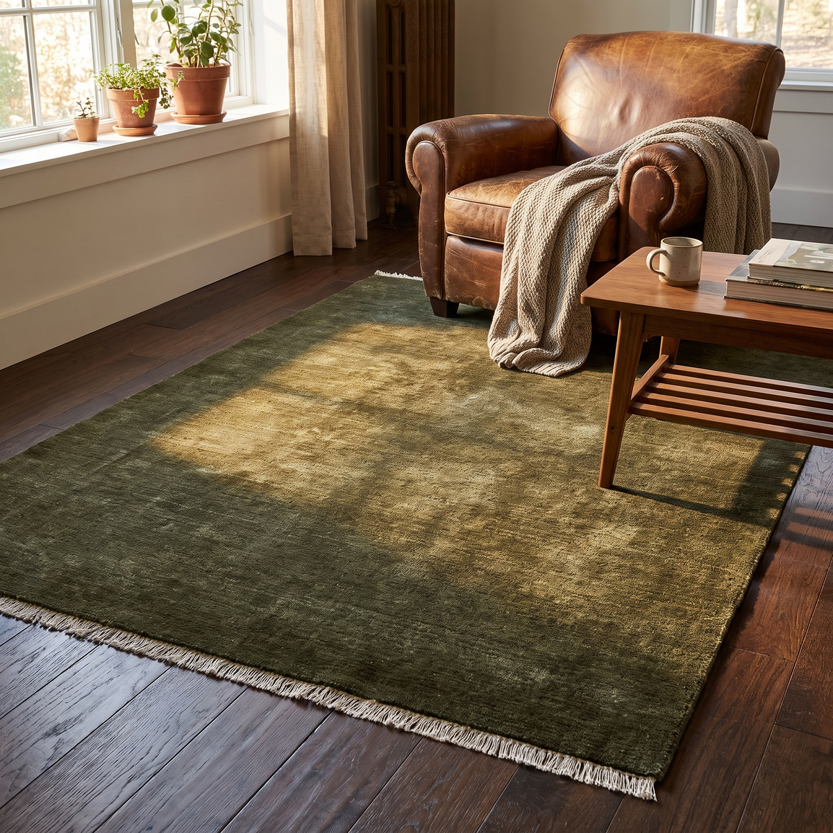 Firth Jute Rug, Dark Olive, styled in a room setting