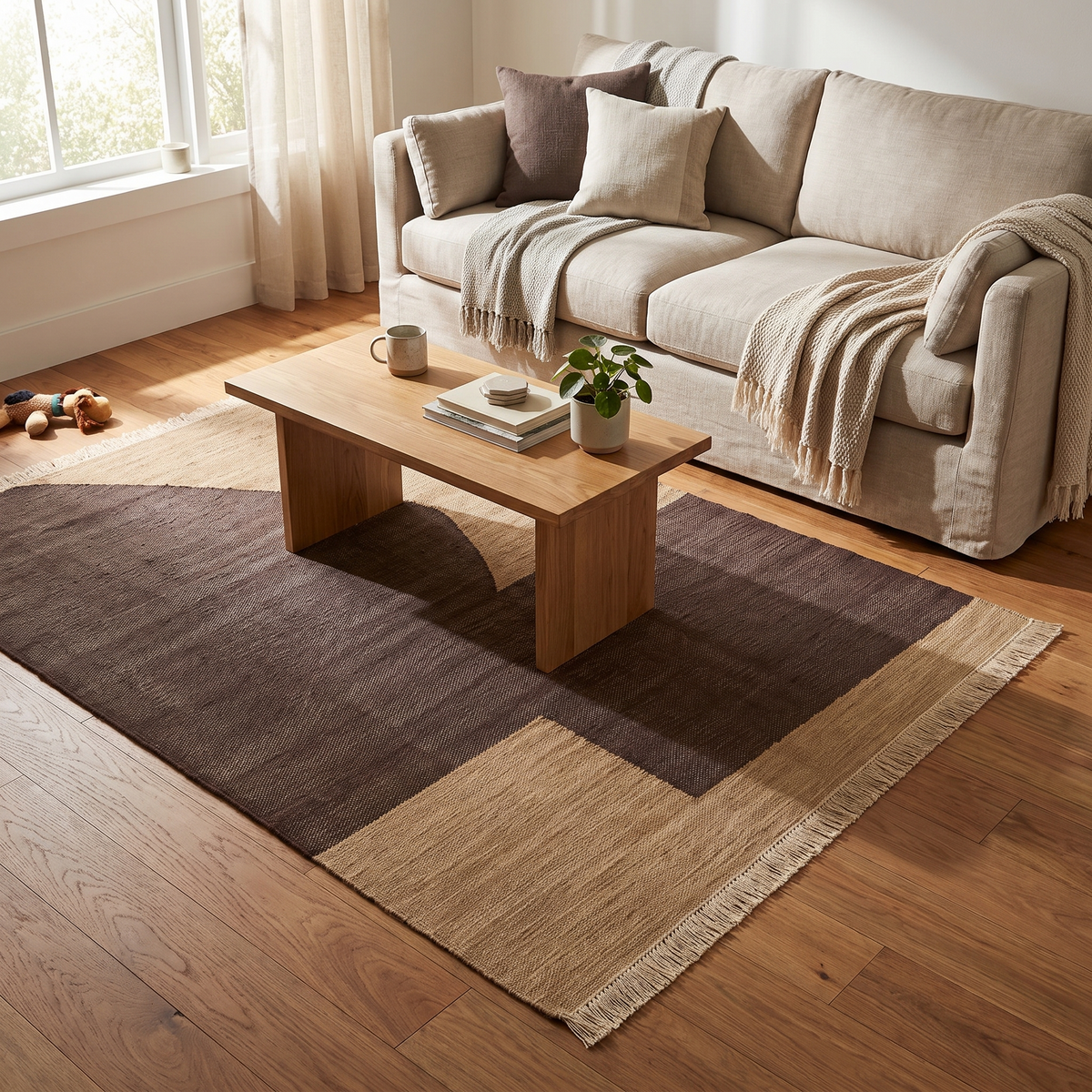 Forene Natural Fibre Rug, Tan/Chocolate, styled in a room setting