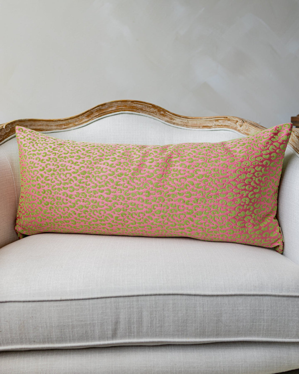 Gabriella Embroidered Cheetah Lumbar Pillow, draped and styled view