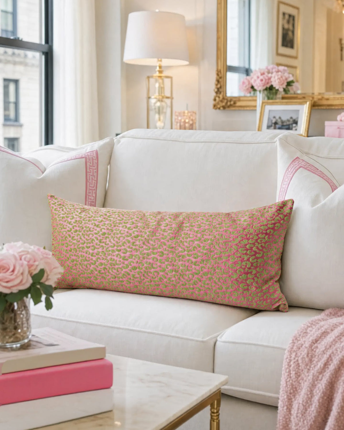Gabriella Embroidered Cheetah Lumbar Pillow, weave texture close up