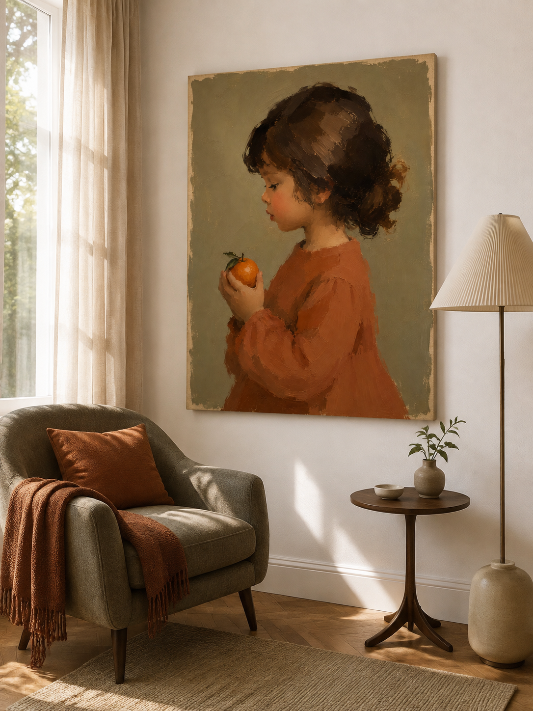Girl in Terracotta with Orange Canvas Art, framed and hung on a wall