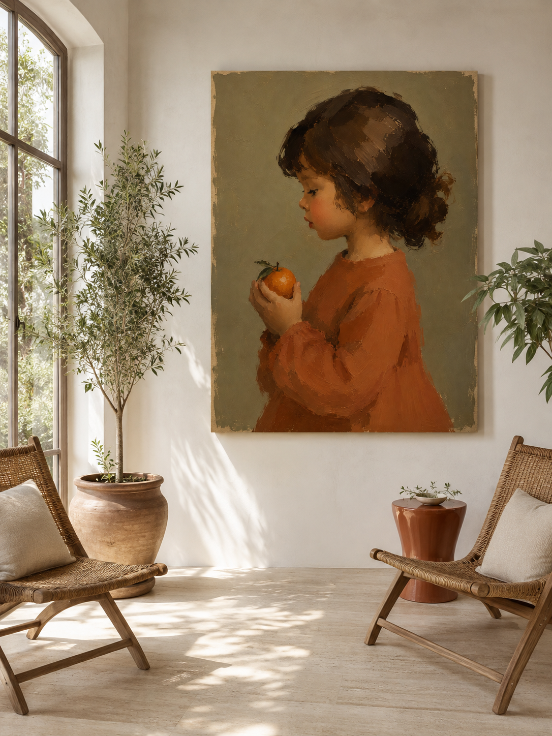 Girl in Terracotta with Orange Canvas Art, corner and edge detail