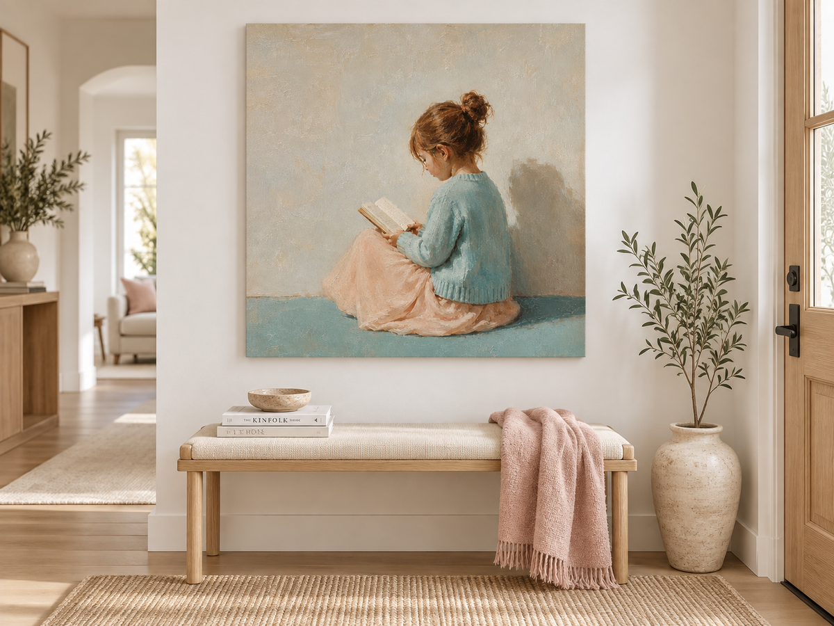 Girl Reading in Blue Canvas Art, corner and edge detail
