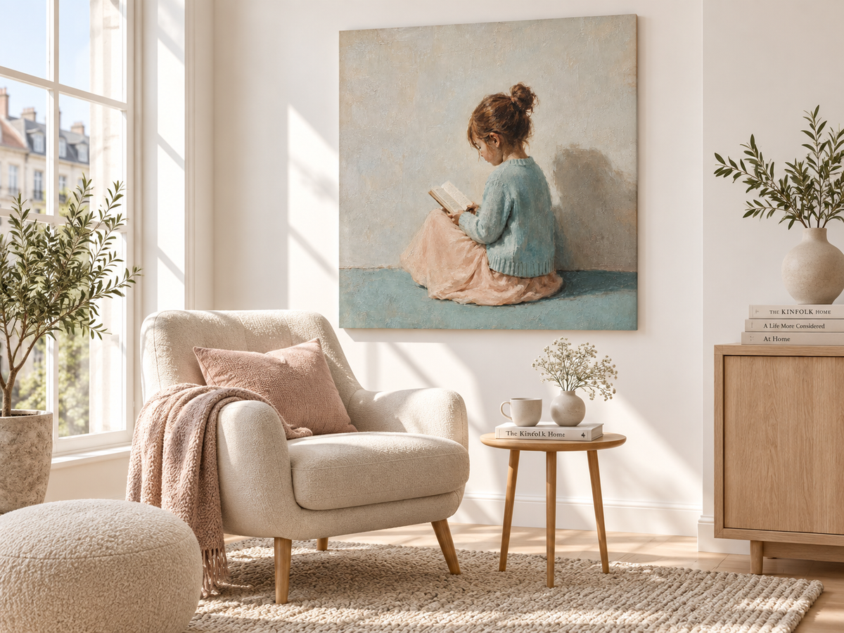 Girl Reading in Blue Canvas Art, scale in a living room