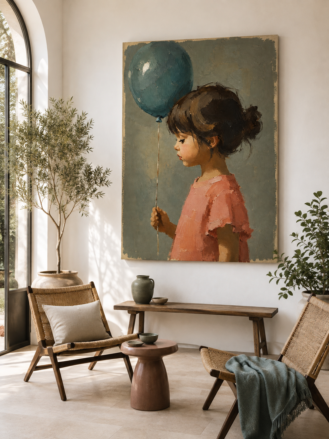Girl with Blue Balloon Canvas Art, brush and texture close up