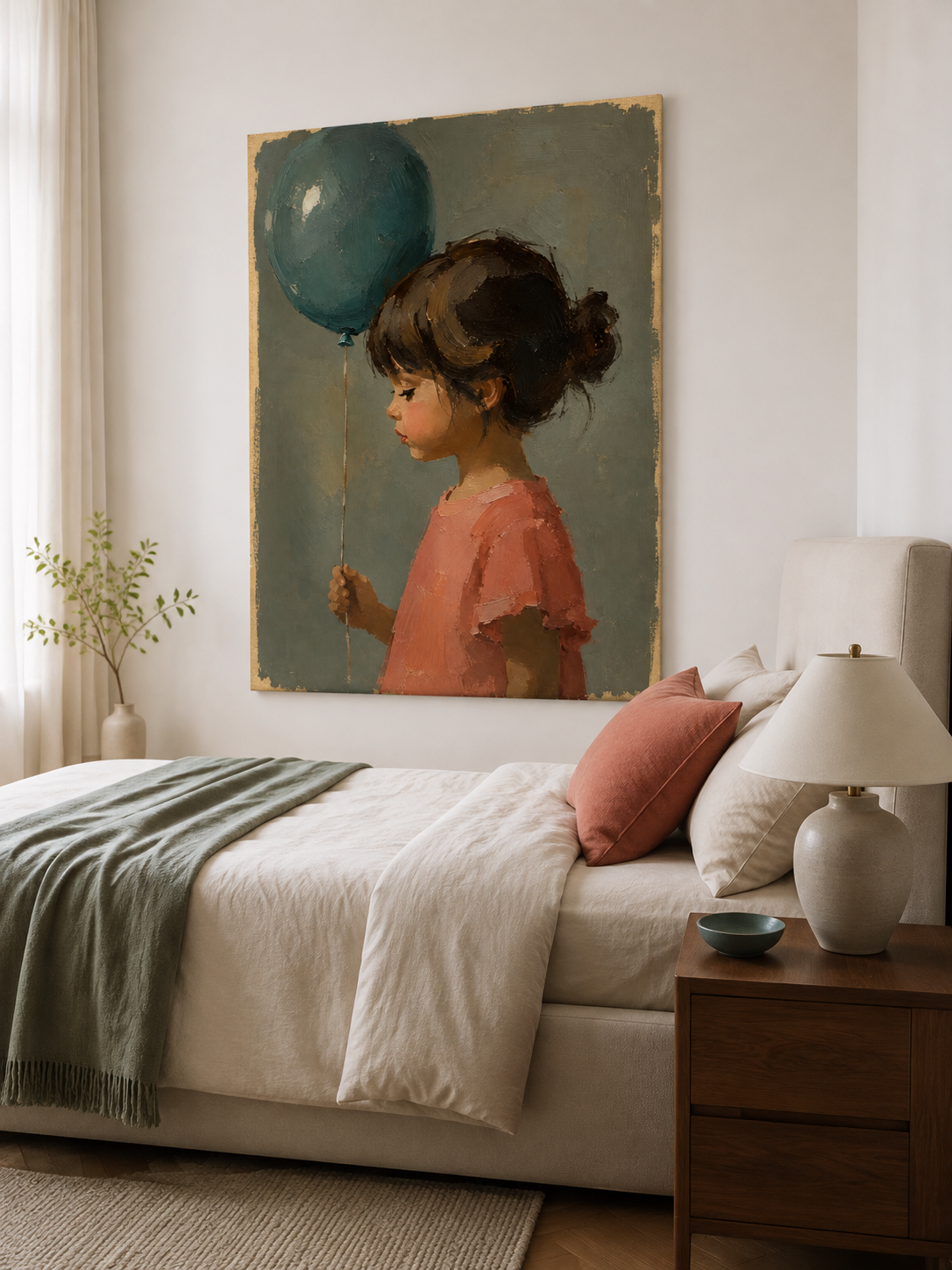 Girl with Blue Balloon Canvas Art, styled above a sofa