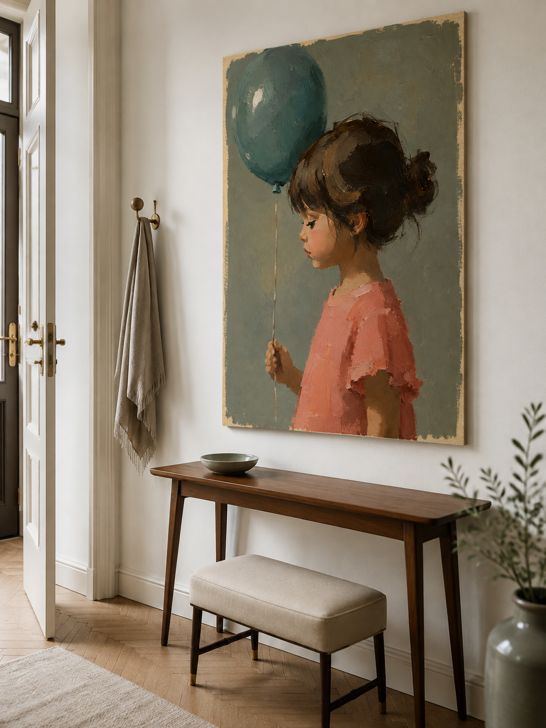 Girl with Blue Balloon Canvas Art, scale in a living room