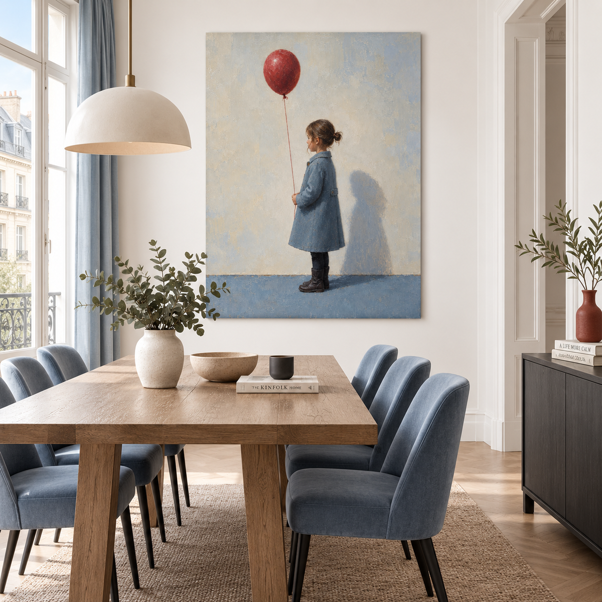 Girl with Red Balloon Canvas Art, styled in a hallway