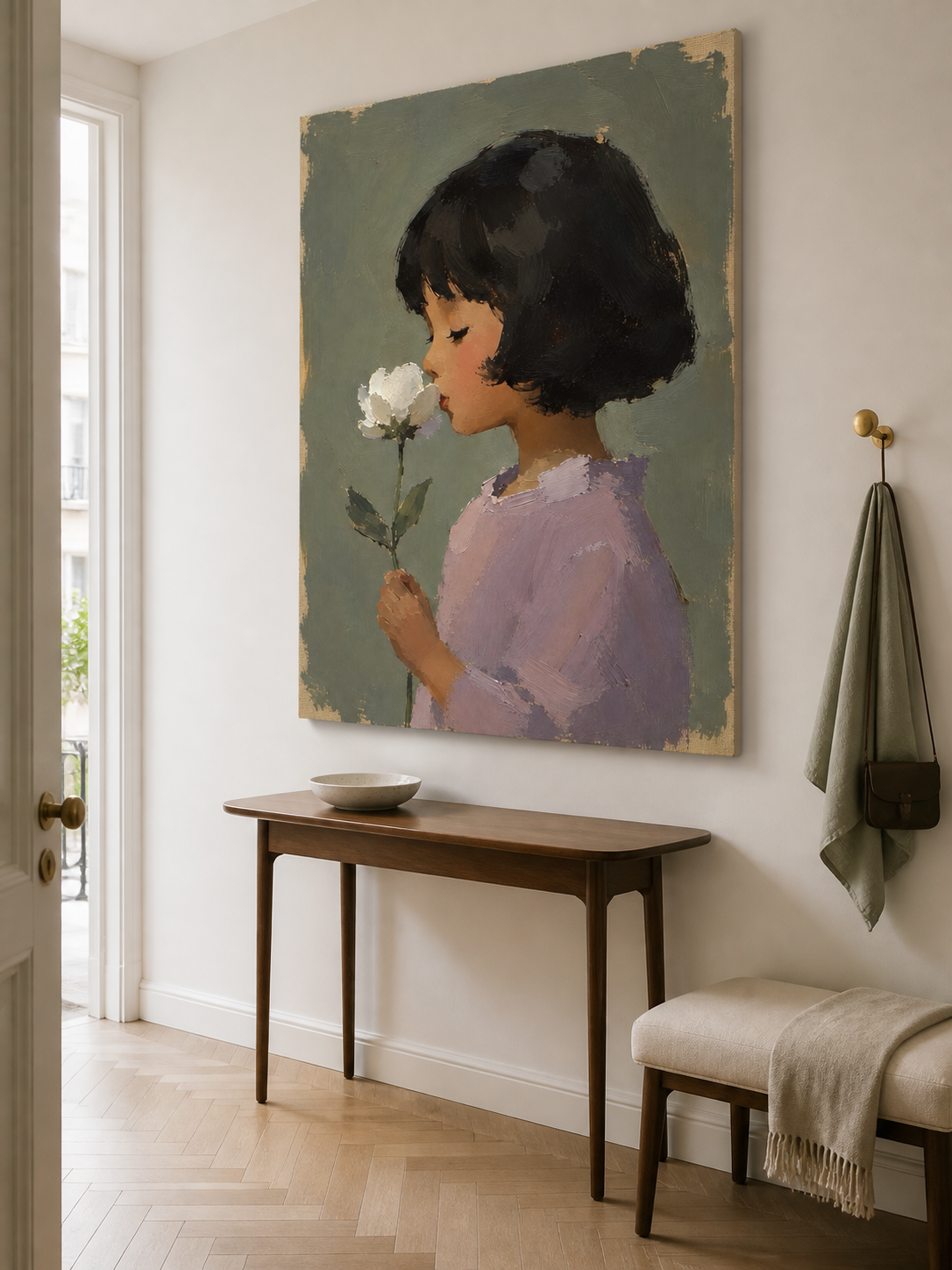 Girl with White Flower Canvas Art, brush and texture close up