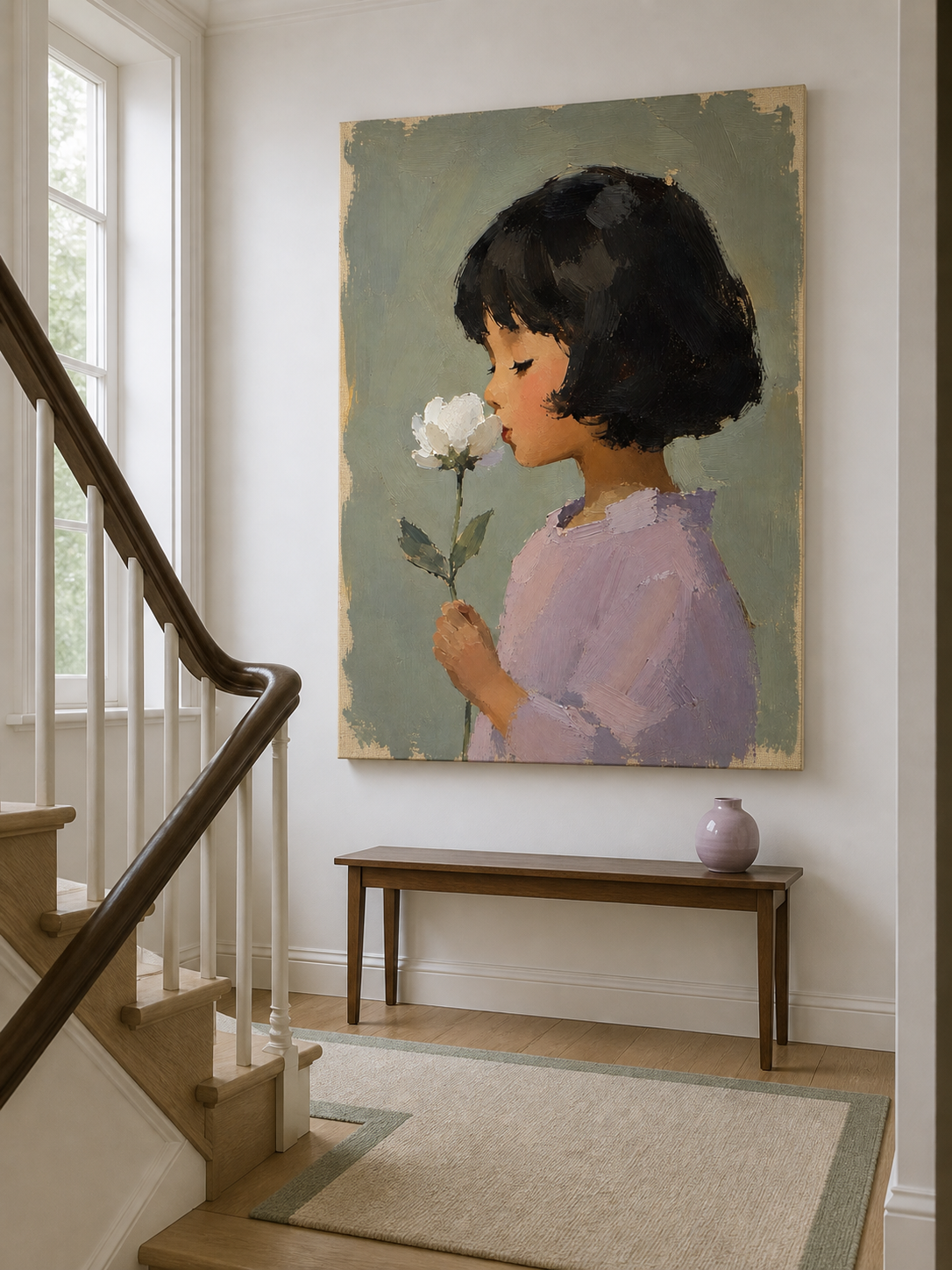 Girl with White Flower Canvas Art, styled above a sofa