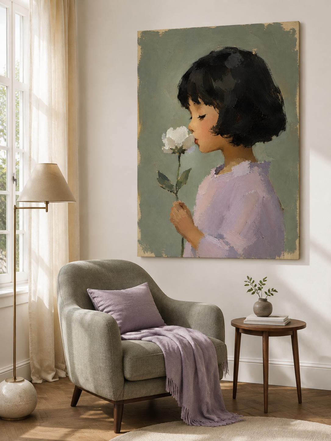 Girl with White Flower Canvas Art, corner and edge detail