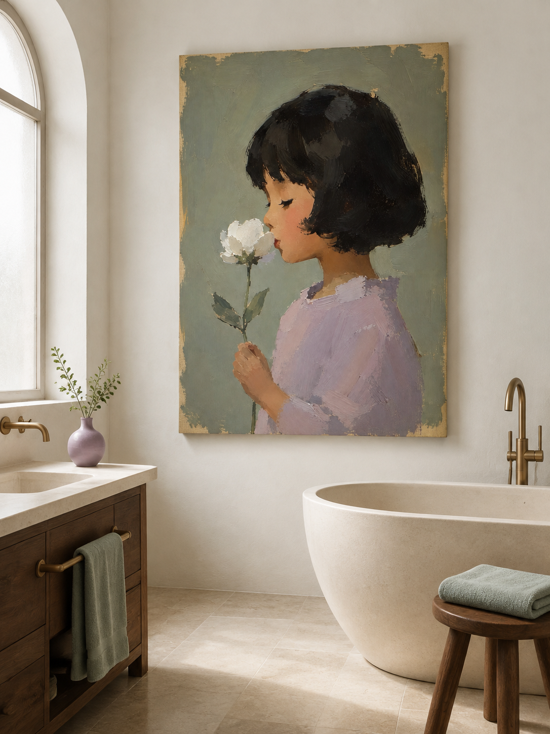 Girl with White Flower Canvas Art, scale in a living room