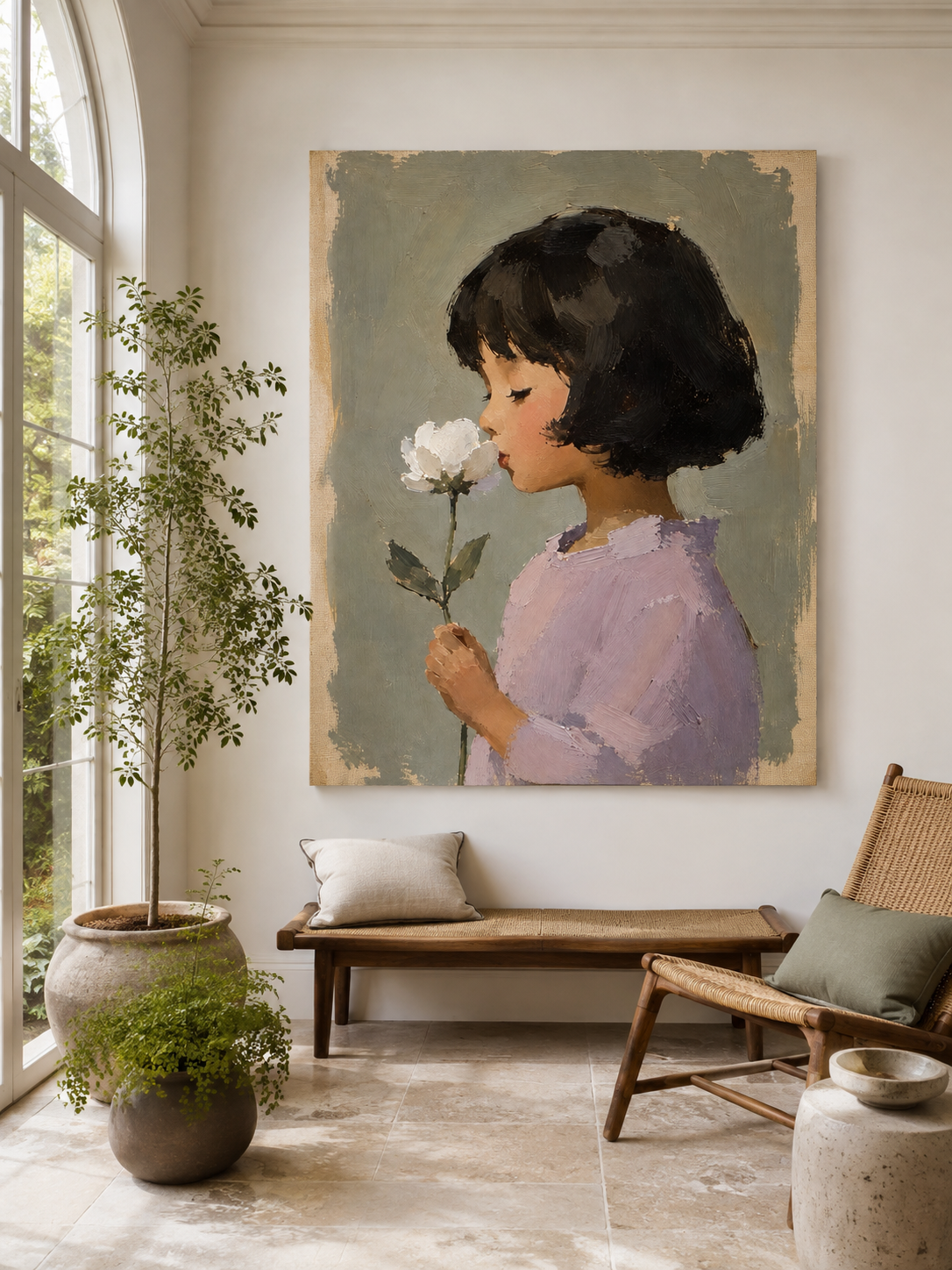 Girl with White Flower Canvas Art, styled in a hallway