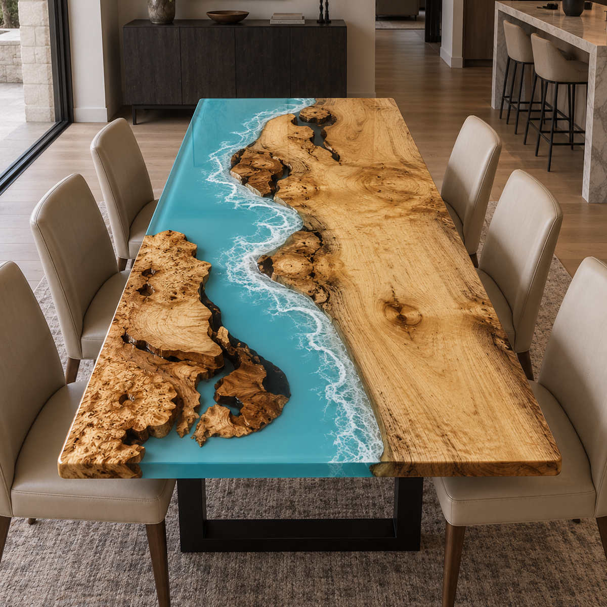 Golden Camphor Ocean Blue Dining Table, styled in a dining space