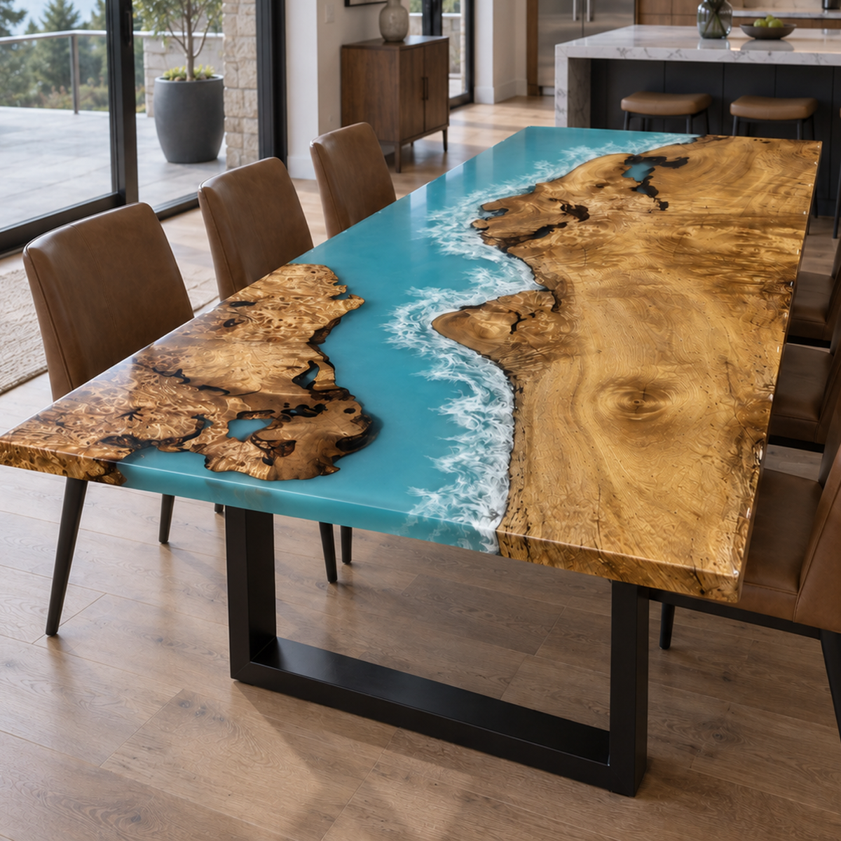 Golden Camphor Ocean Blue Dining Table, edge and grain detail