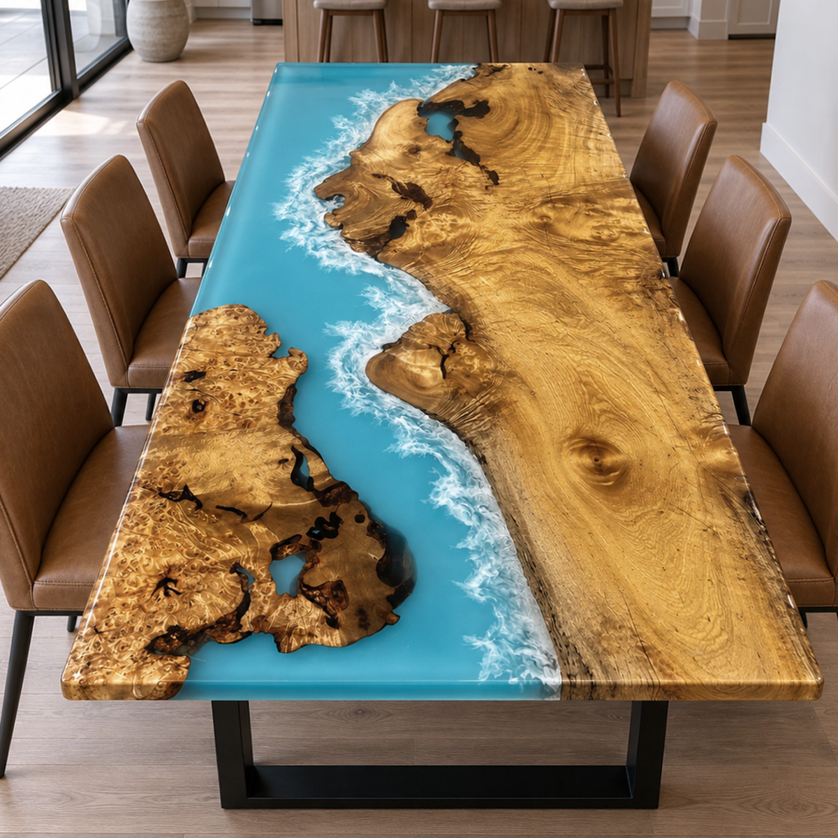 Golden Camphor Ocean Blue Dining Table, surface finish close up