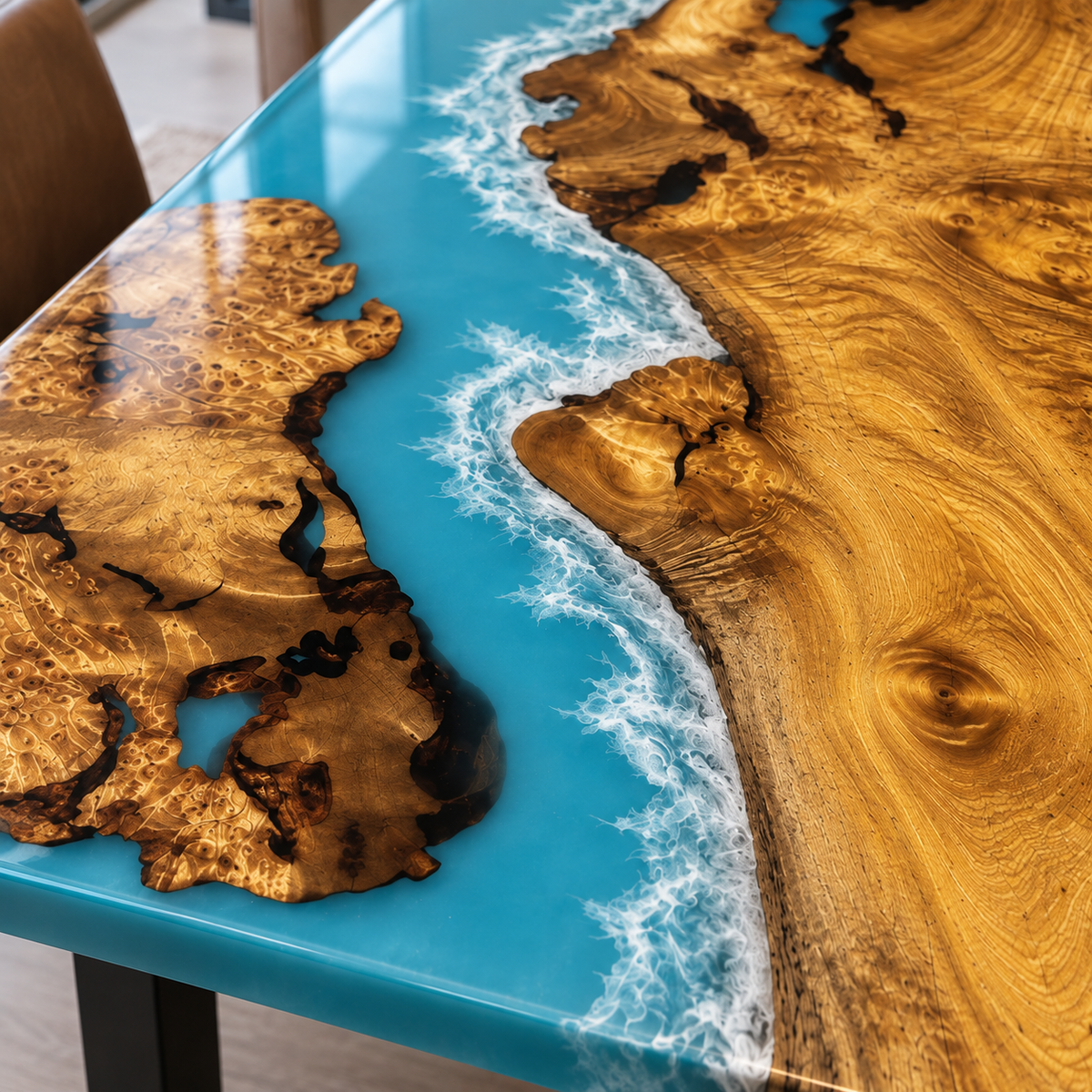 Golden Camphor Ocean Blue Dining Table, leg and base detail