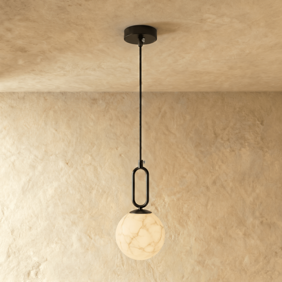 Gong Alabaster Pendant Light, full fixture front view
