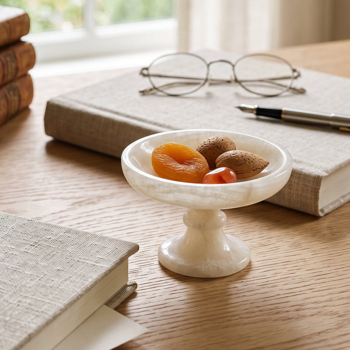 Harlow White Onyx Pedestal Bowl, top down view