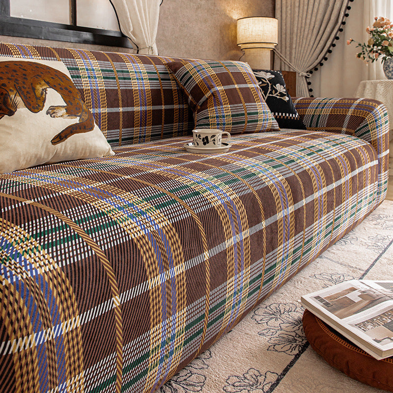 Heritage Plaid Velvet Sofa Slipcover, weave texture close up