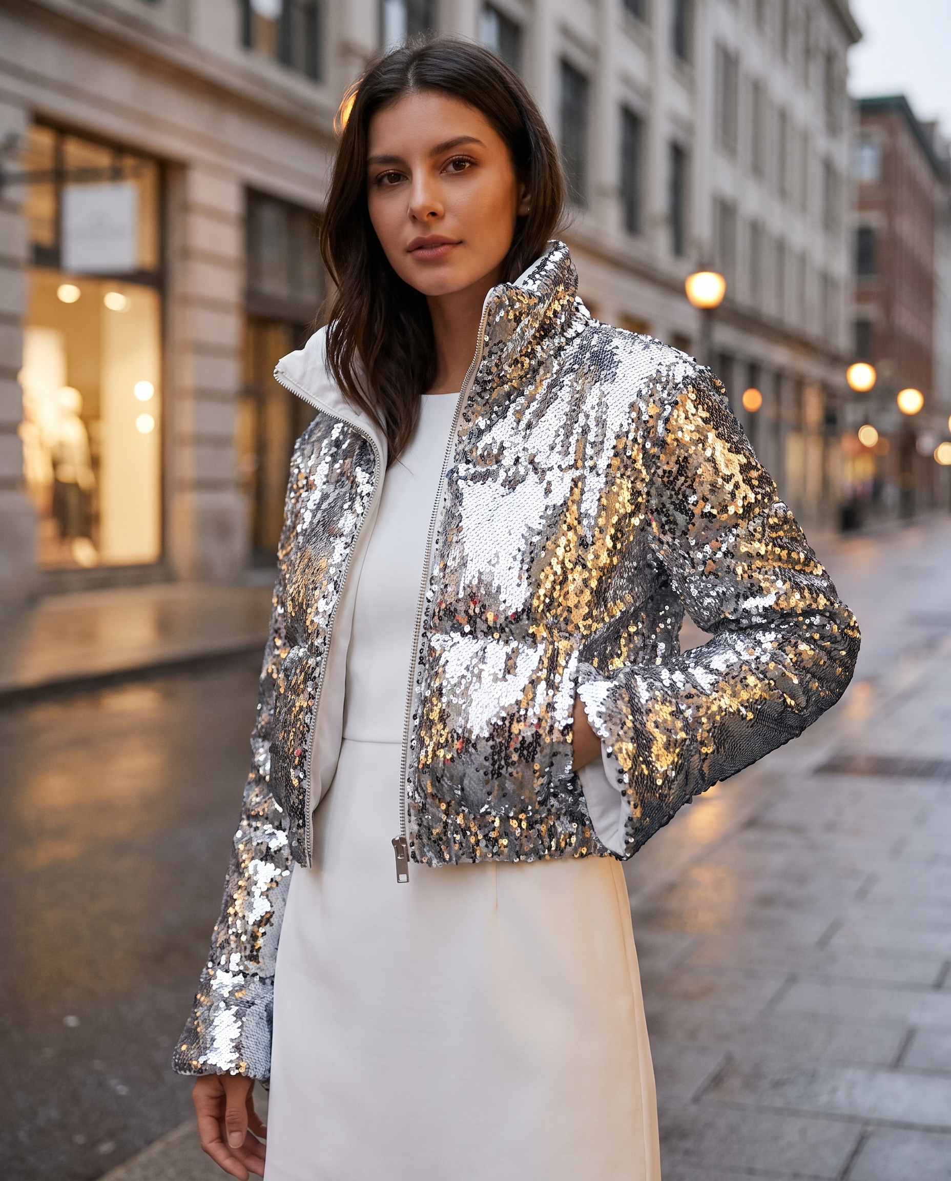 Sequin Fashion Petite Down Jacket with Stand Collar
