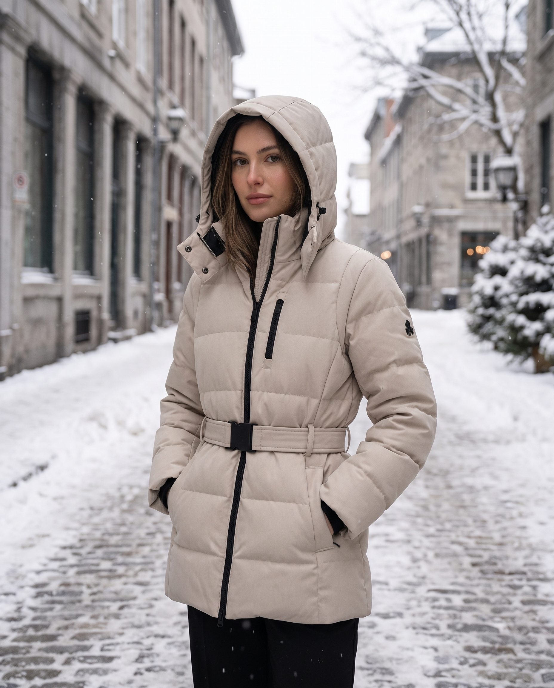 Celeste Polished Edge Belted Hooded Down Jacket