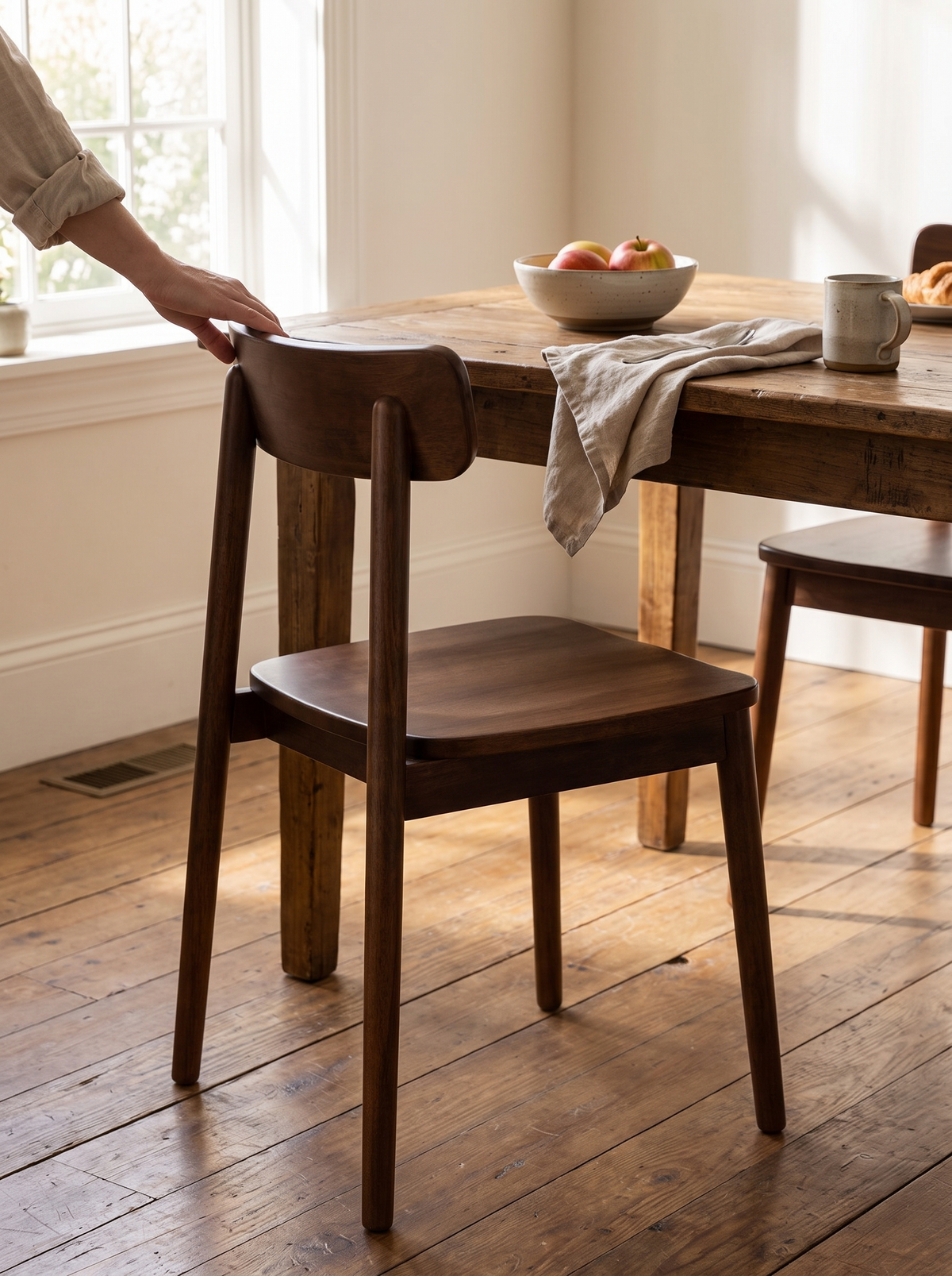 GREEN japandi walnut dining chair curved backrest lifestyle