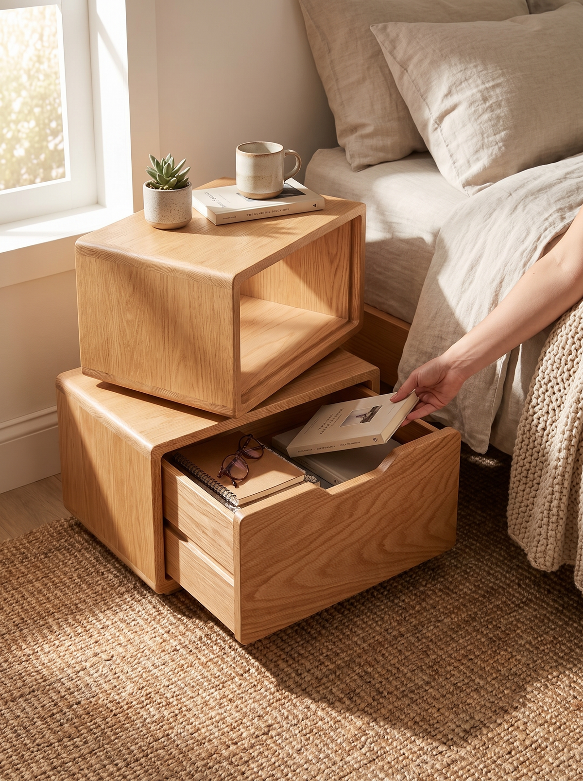 TWIST revolving oak side table open