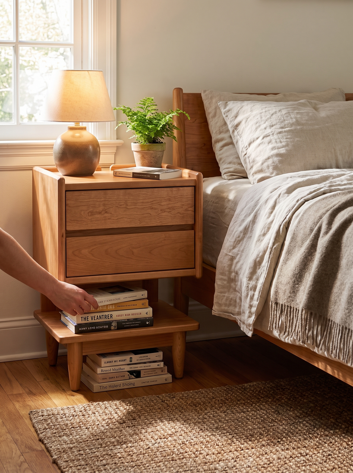 VISTA cherry side table lower shelf with books