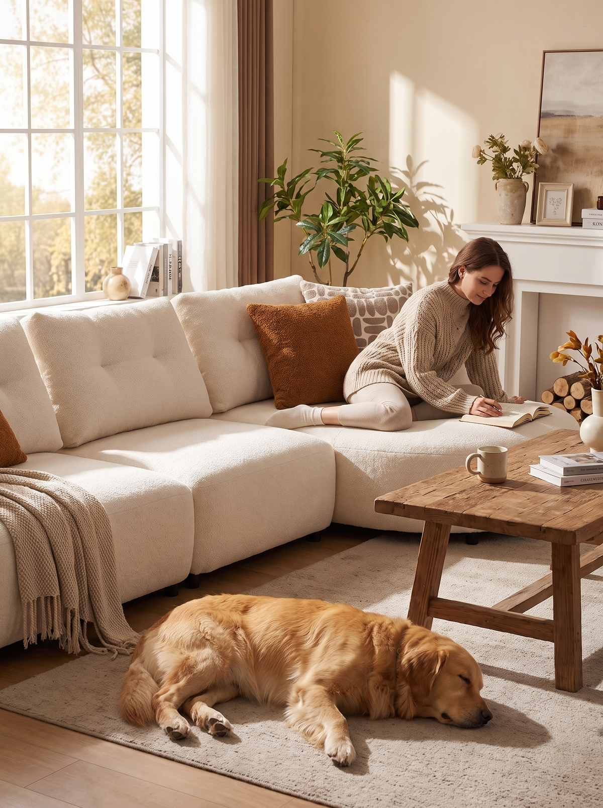 LUXE cream sherpa sectional warmth