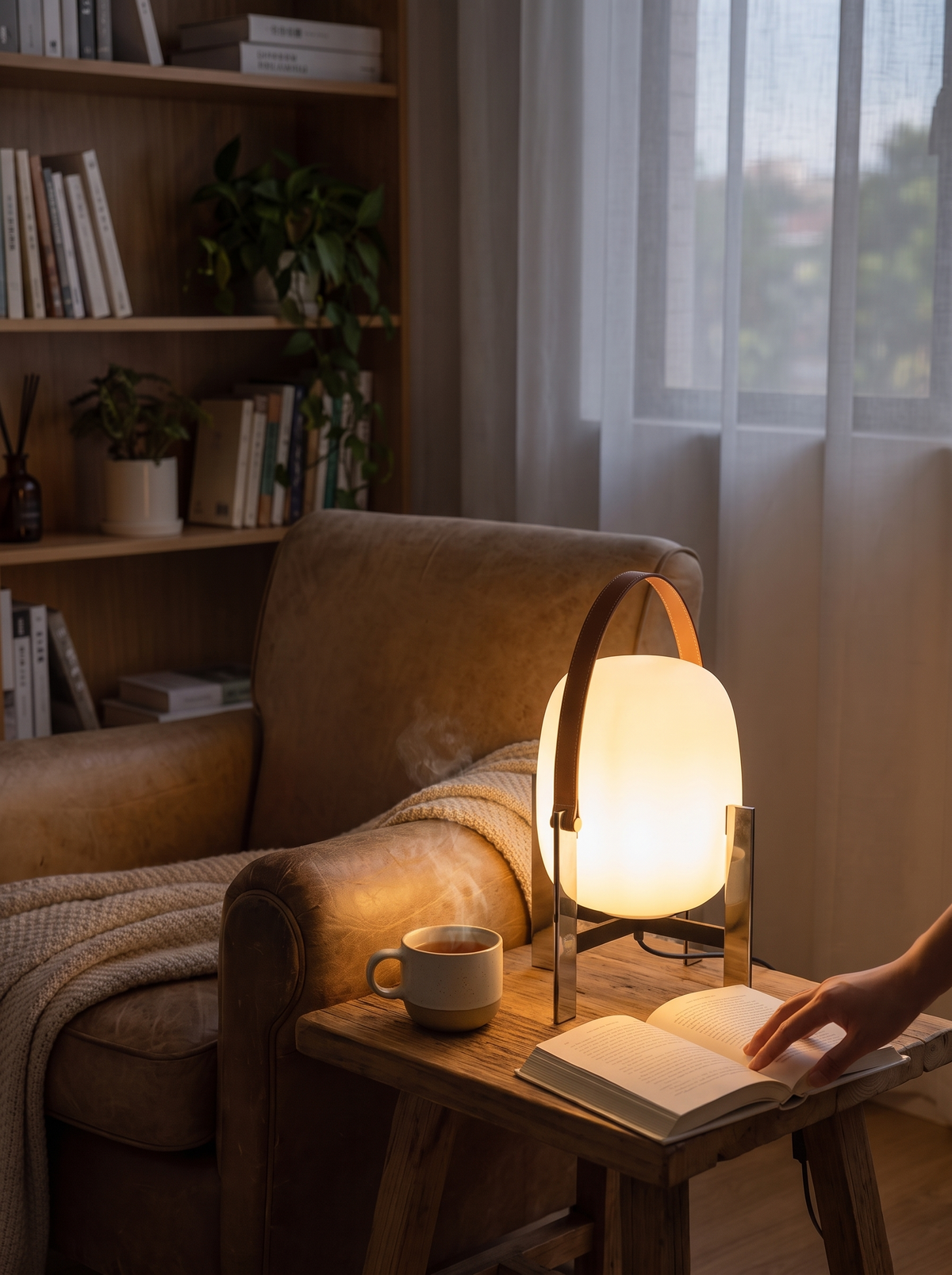 Luzia lamp warm light on leather