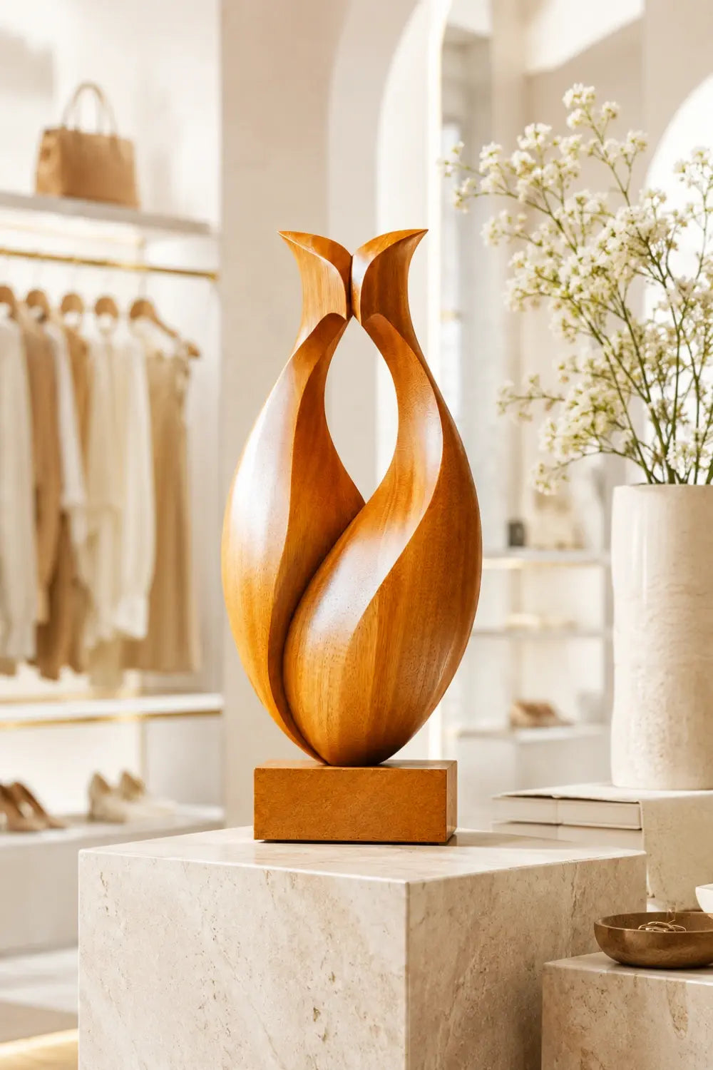 Hollow Abstract Wood Sculpture, angled three quarter view