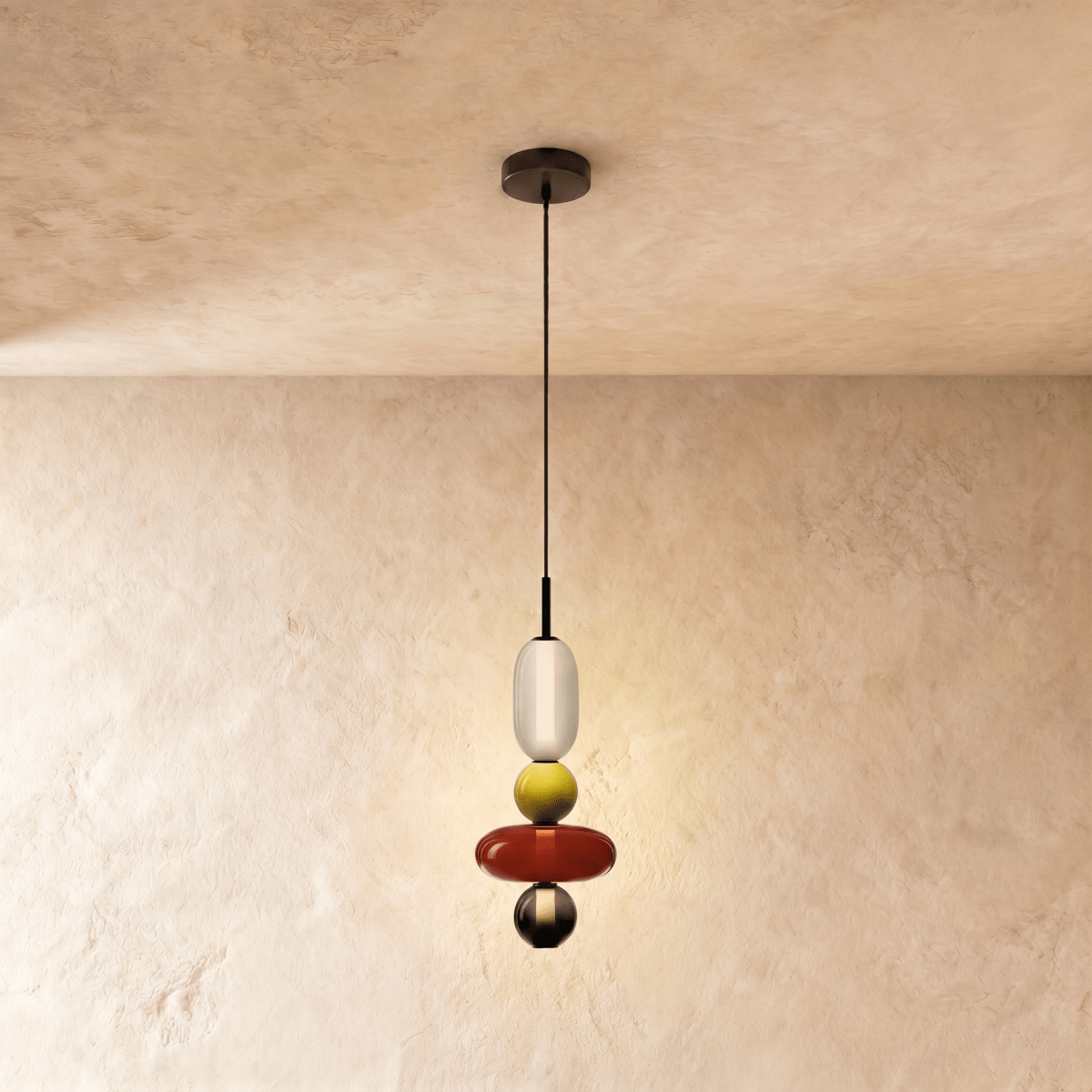 Horiz Metal Pendant Light, second lit and hanging in a styled room