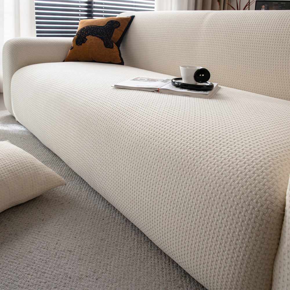 Jacquard Velvet Stretch Sofa Slipcover, styled in a living space