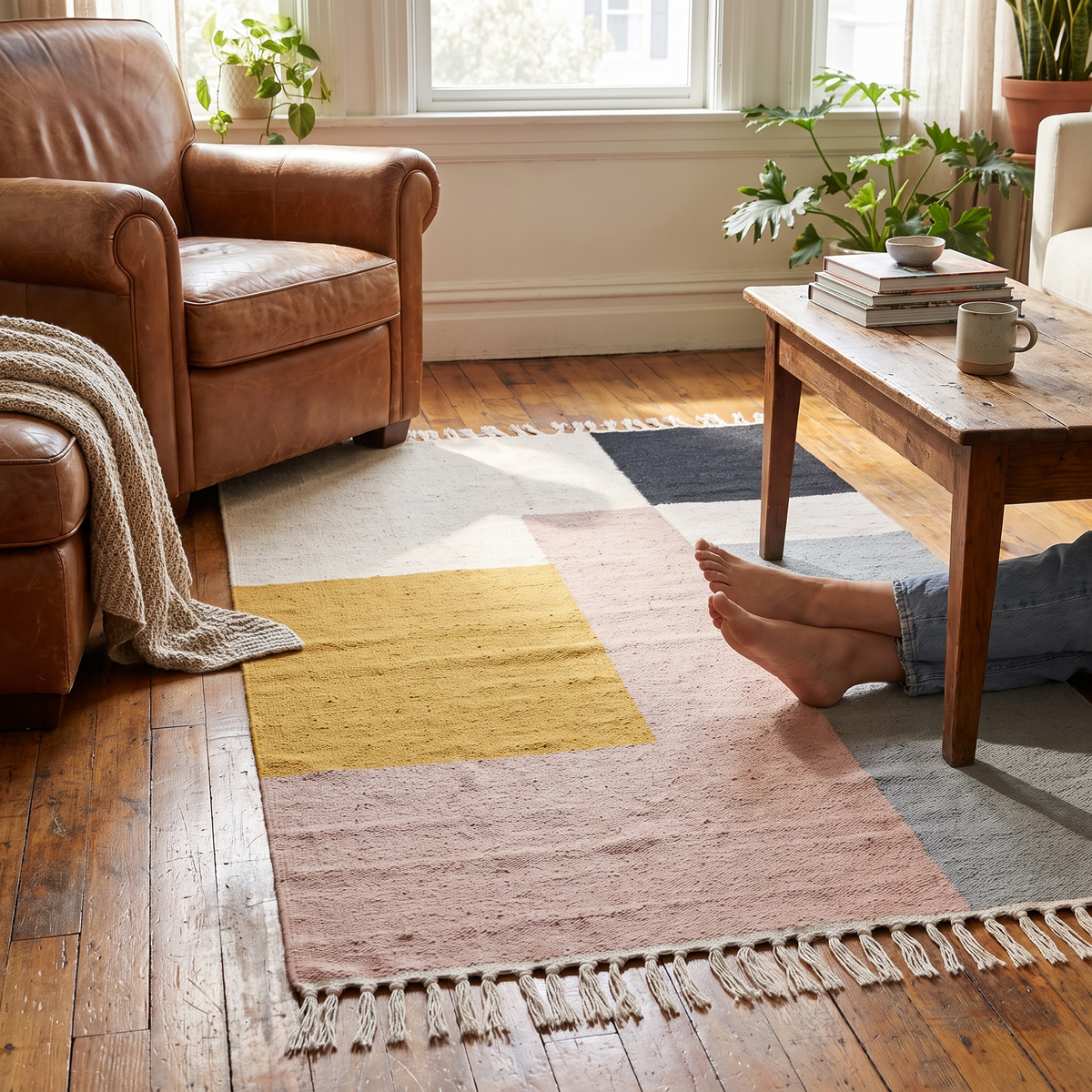 Kelim Rug, Medium - Squares, styled in a room setting