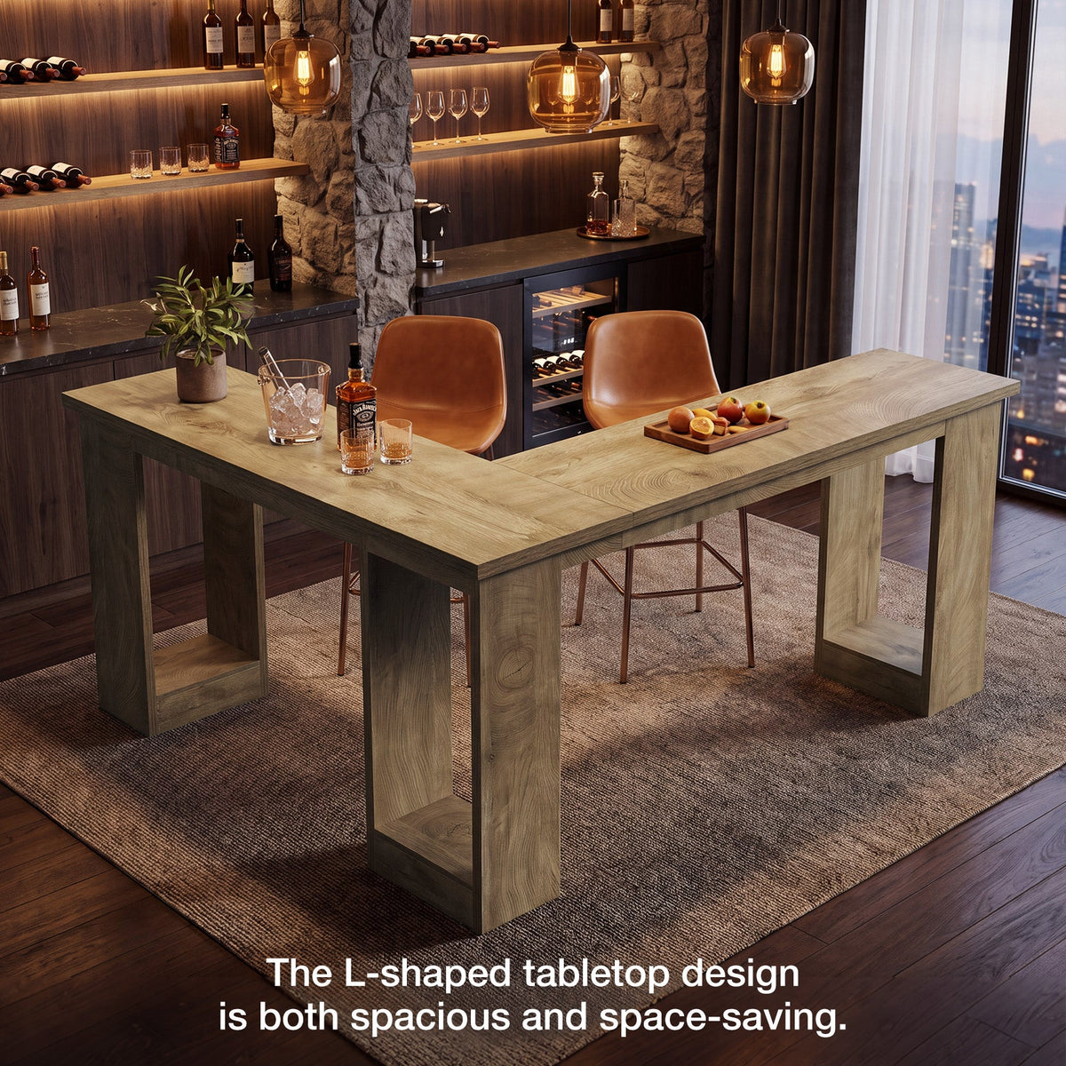 L-Shaped Bar Table, styled with decor on top
