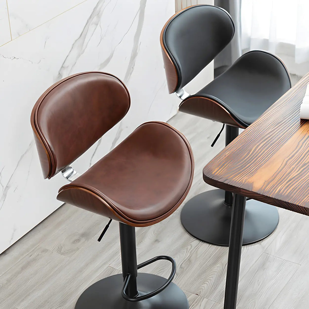 Leather Bucket Bar Stool with Curved Wood-Grain Shell & Low Back