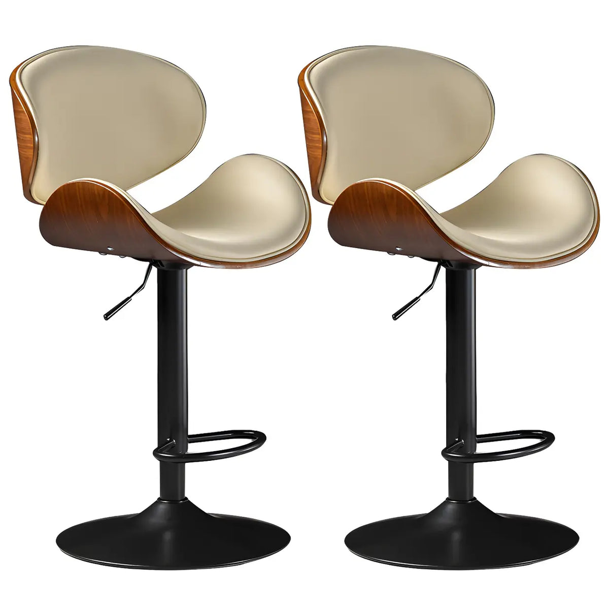 Leather Bucket Bar Stool with Curved Wood-Grain Shell & Low Back