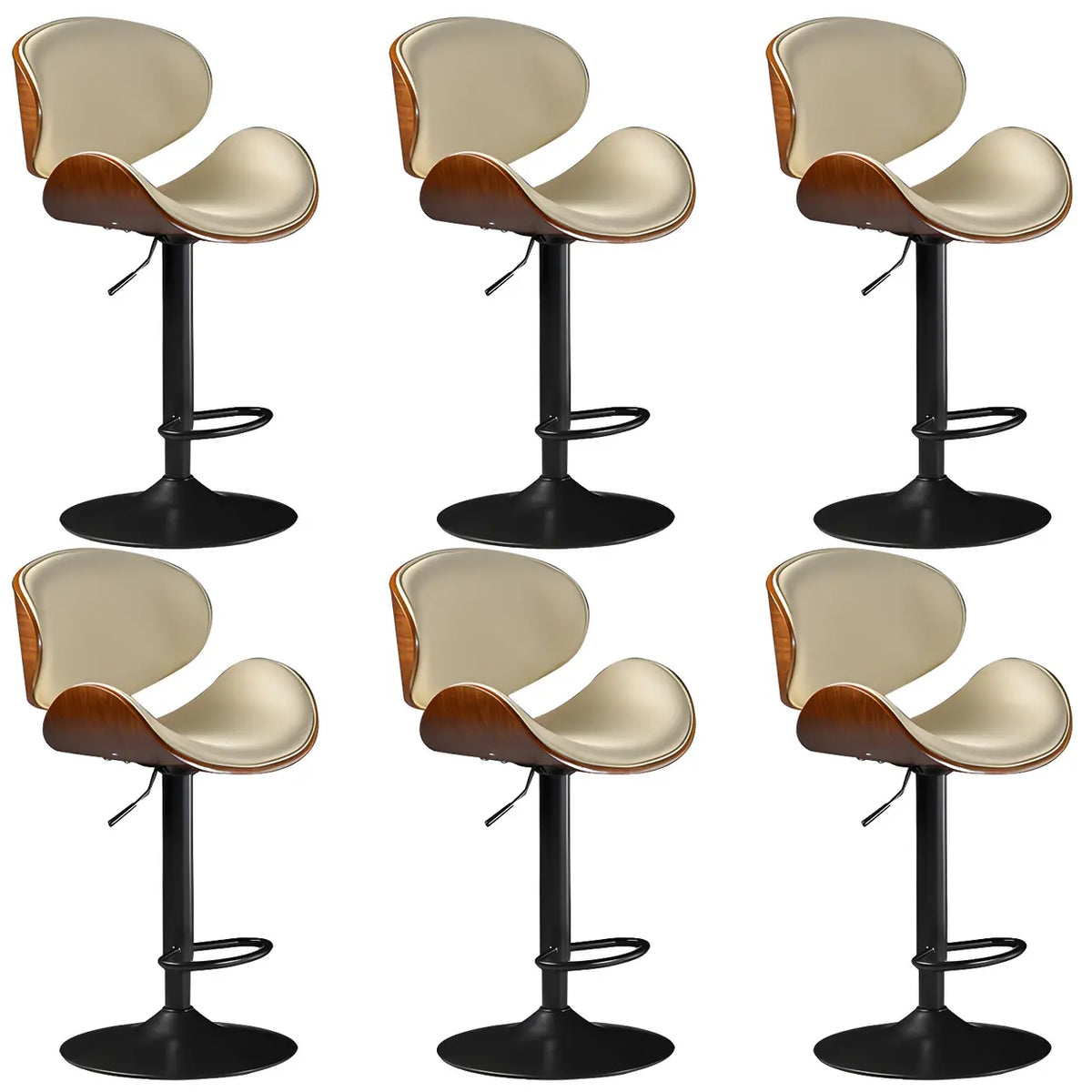 Leather Bucket Bar Stool with Curved Wood-Grain Shell & Low Back