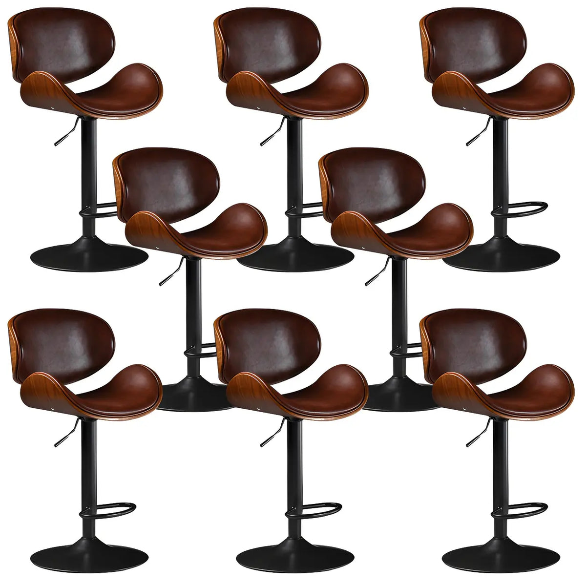 Leather Bucket Bar Stool with Curved Wood-Grain Shell & Low Back
